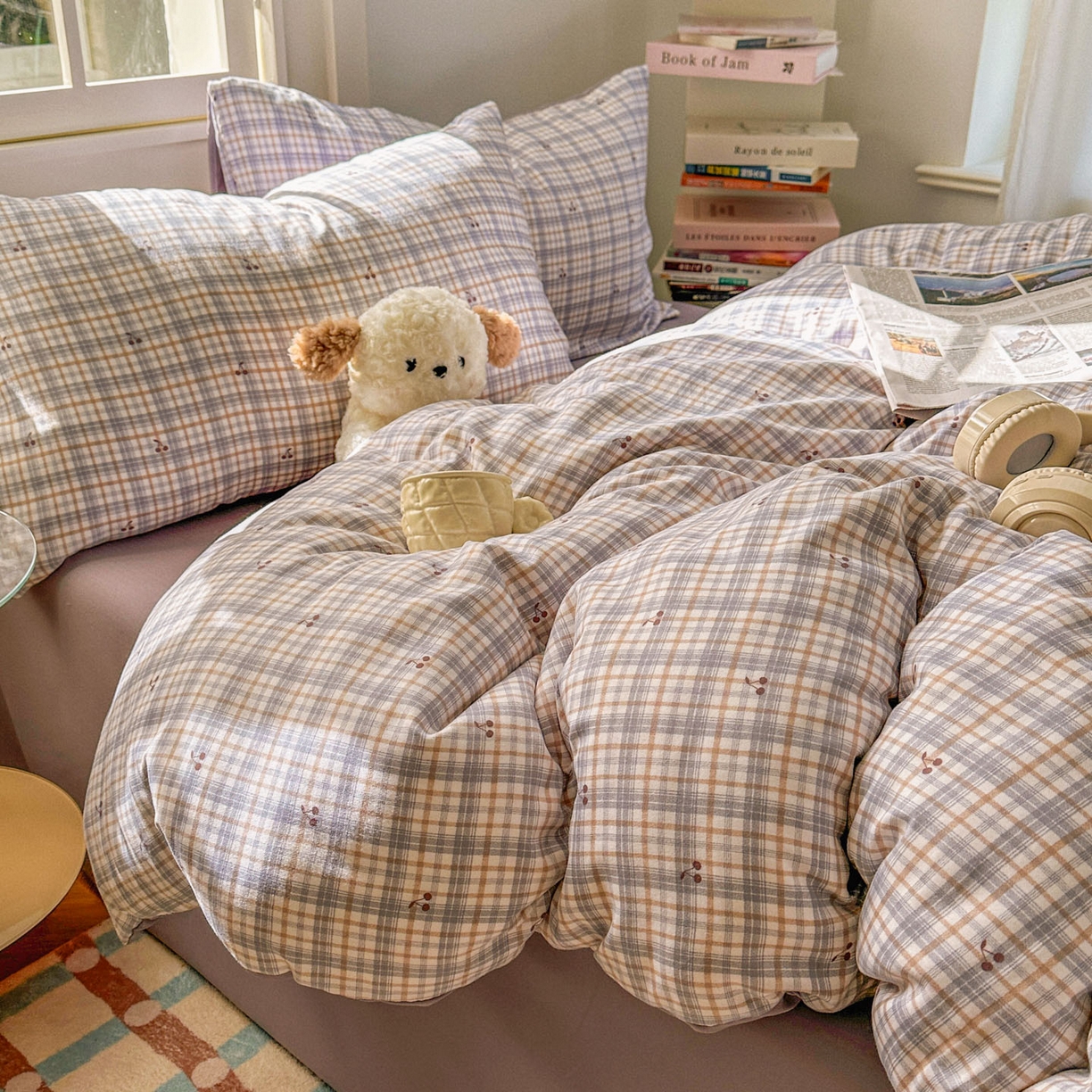 91家纺网 家纺一手货源 找家纺 水木坊 2026新款130克高克重人字纹提花四件套 格子樱桃