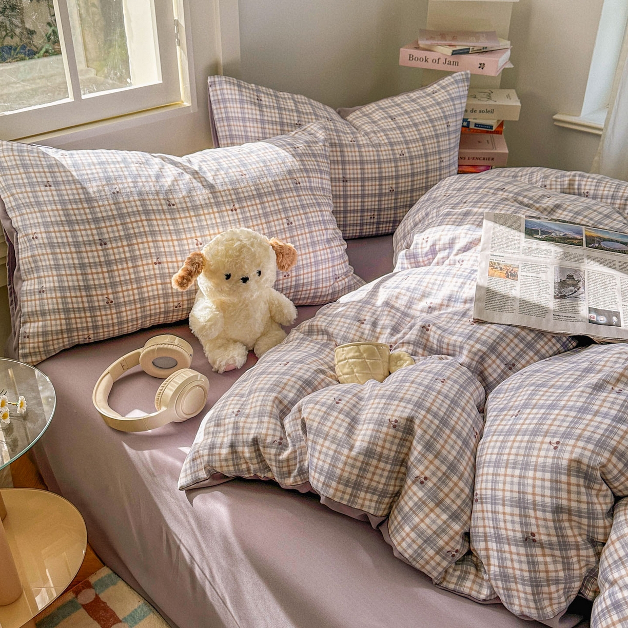 91家纺网 家纺一手货源 找家纺 水木坊 2026新款130克高克重人字纹提花四件套 格子樱桃