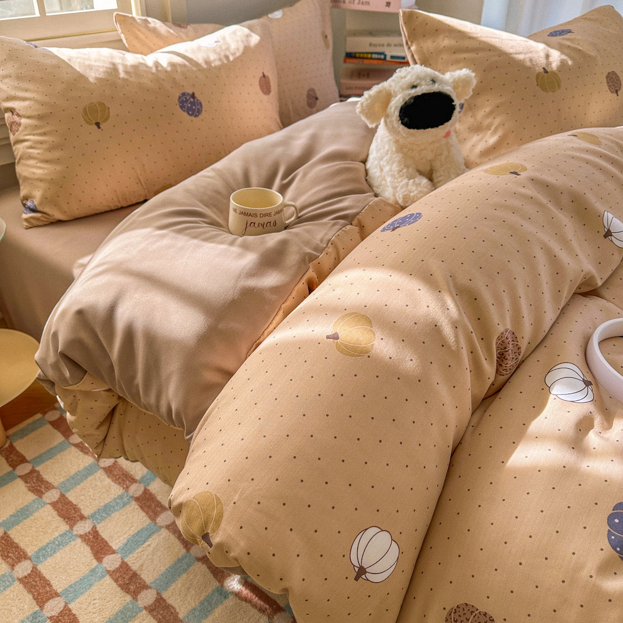 91家纺网 家纺一手货源 找家纺 水木坊 2026新款130克高克重人字纹提花四件套 小南瓜