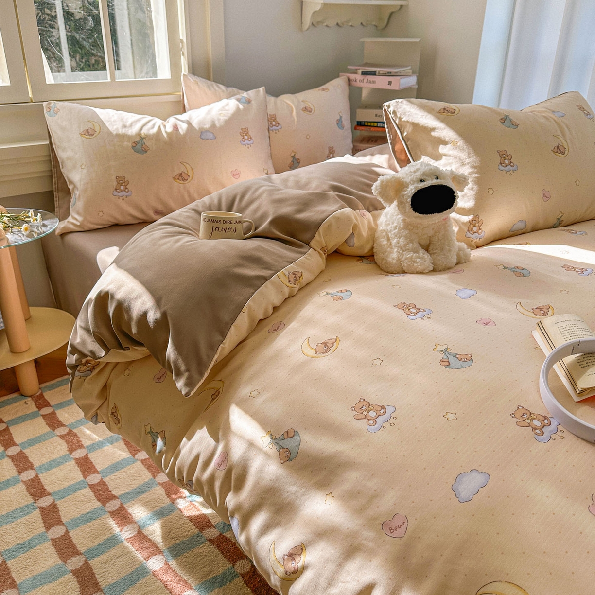 91家纺网 家纺一手货源 找家纺 水木坊 2026新款130克高克重人字纹提花四件套 调皮熊