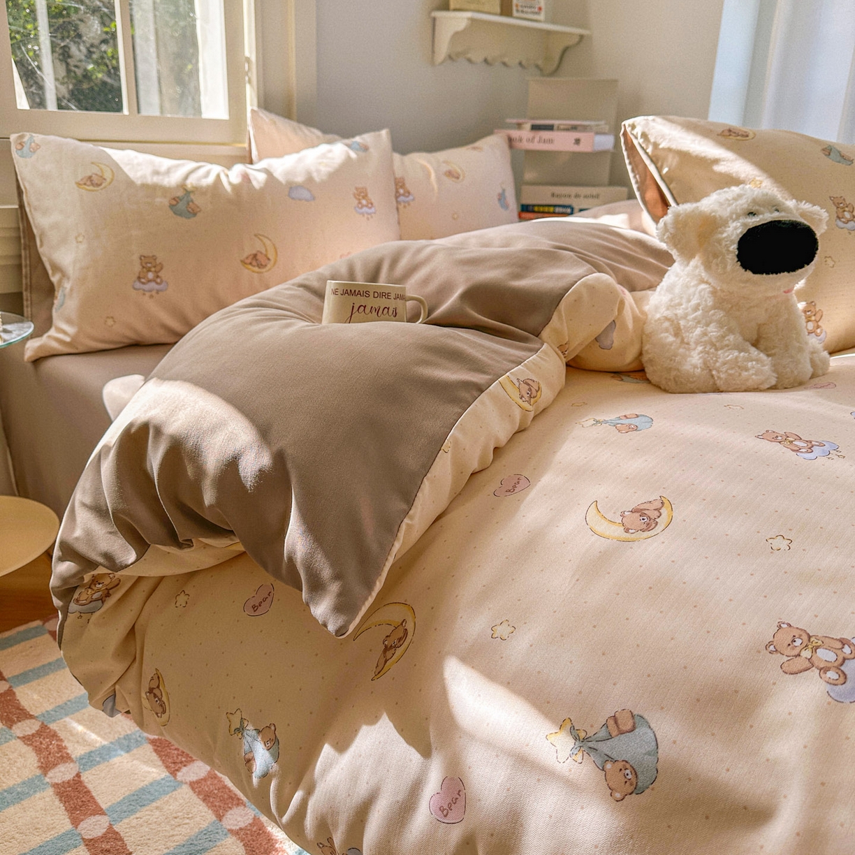 91家纺网 家纺一手货源 找家纺 水木坊 2026新款130克高克重人字纹提花四件套 调皮熊