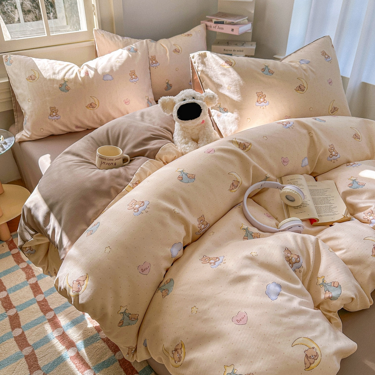 91家纺网 家纺一手货源 找家纺 水木坊 2026新款130克高克重人字纹提花四件套 调皮熊