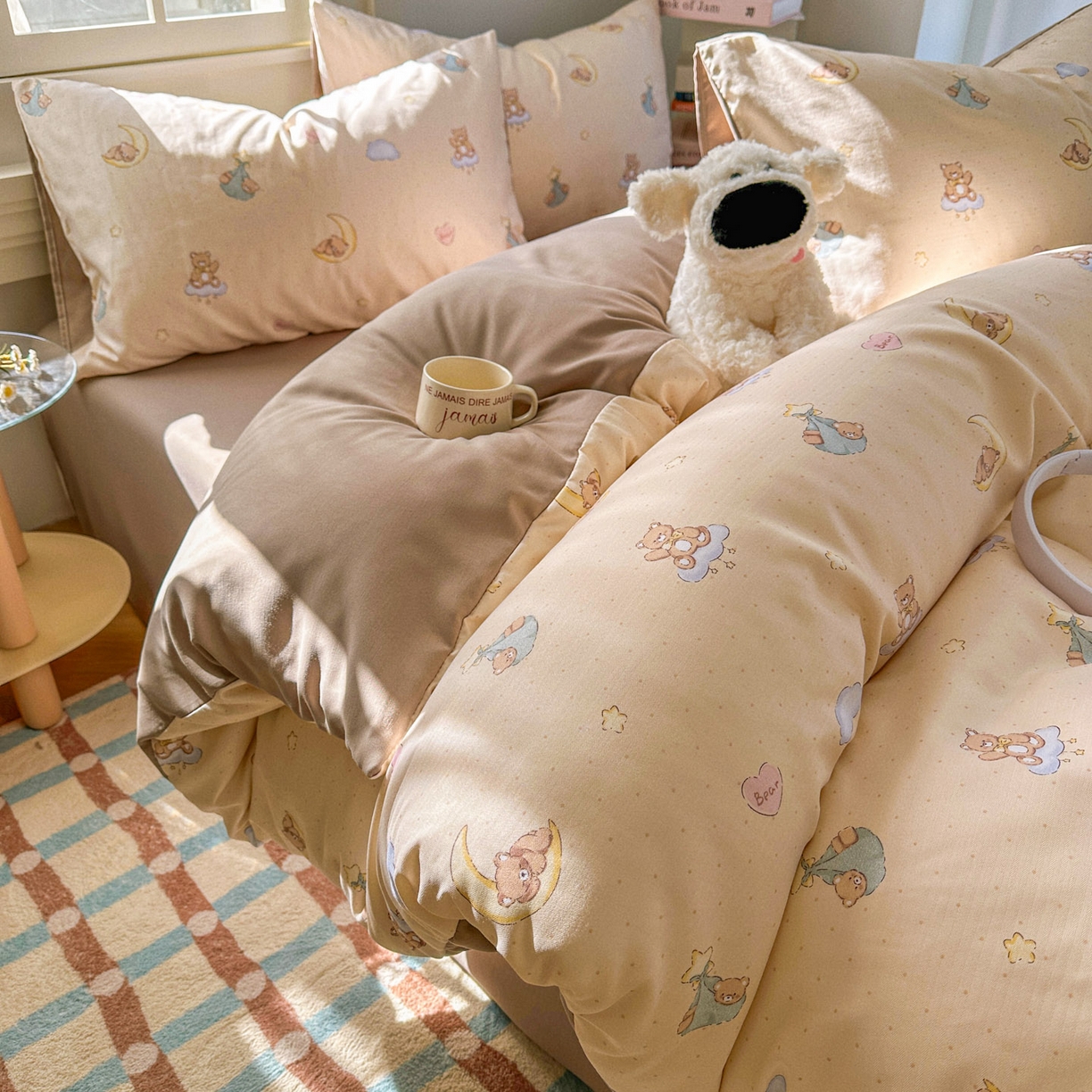 91家纺网 家纺一手货源 找家纺 水木坊 2026新款130克高克重人字纹提花四件套 调皮熊