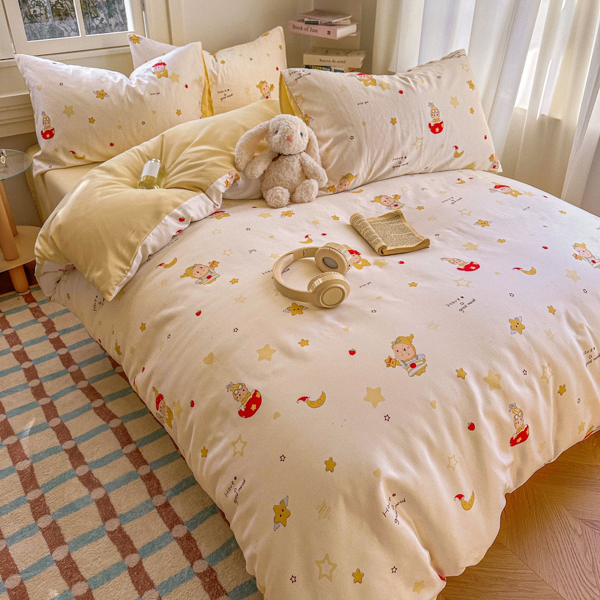 91家纺网 家纺一手货源 找家纺 水木坊 2026新款130克高克重人字纹提花四件套 星星人