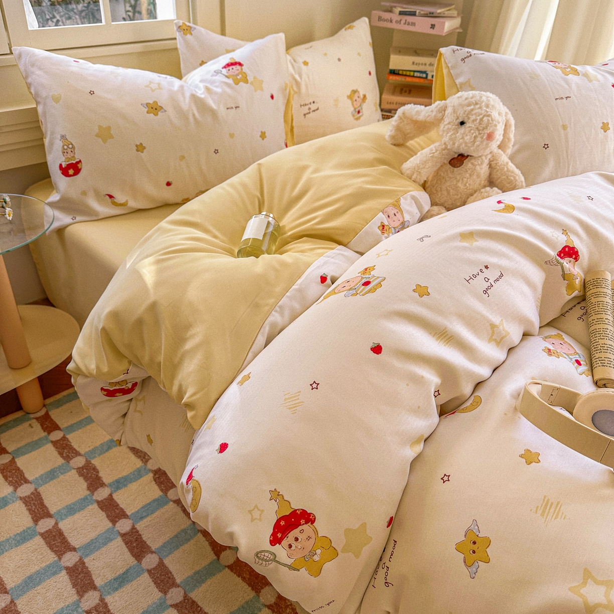 91家纺网 家纺一手货源 找家纺 水木坊 2026新款130克高克重人字纹提花四件套 星星人