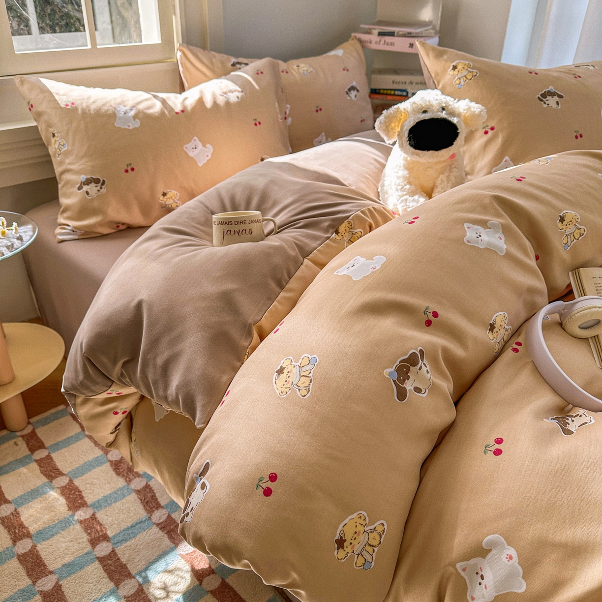 91家纺网 家纺一手货源 找家纺 水木坊 2026新款130克高克重人字纹提花四件套 樱桃小狗