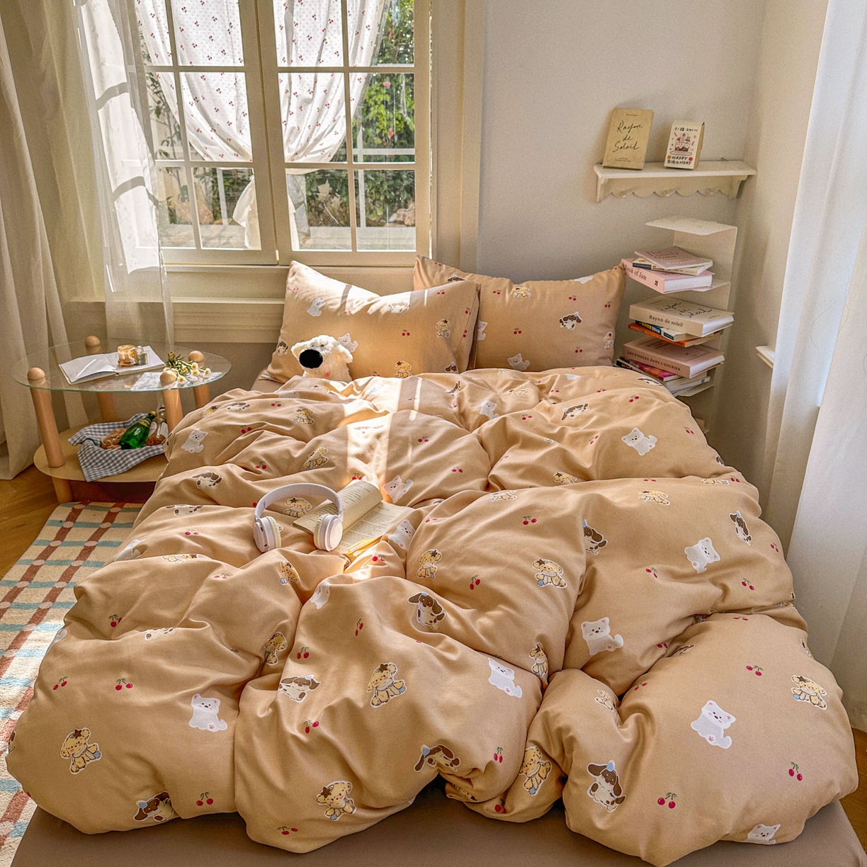 91家纺网 家纺一手货源 找家纺 水木坊 2026新款130克高克重人字纹提花四件套 樱桃小狗