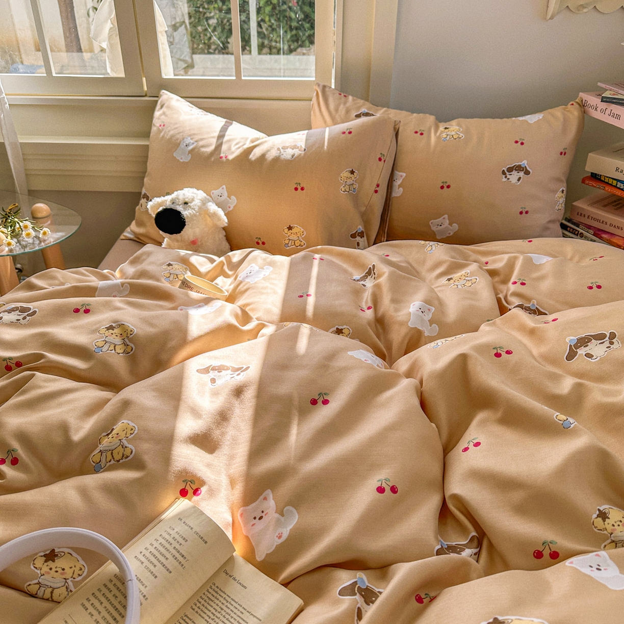 91家纺网 家纺一手货源 找家纺 水木坊 2026新款130克高克重人字纹提花四件套 樱桃小狗