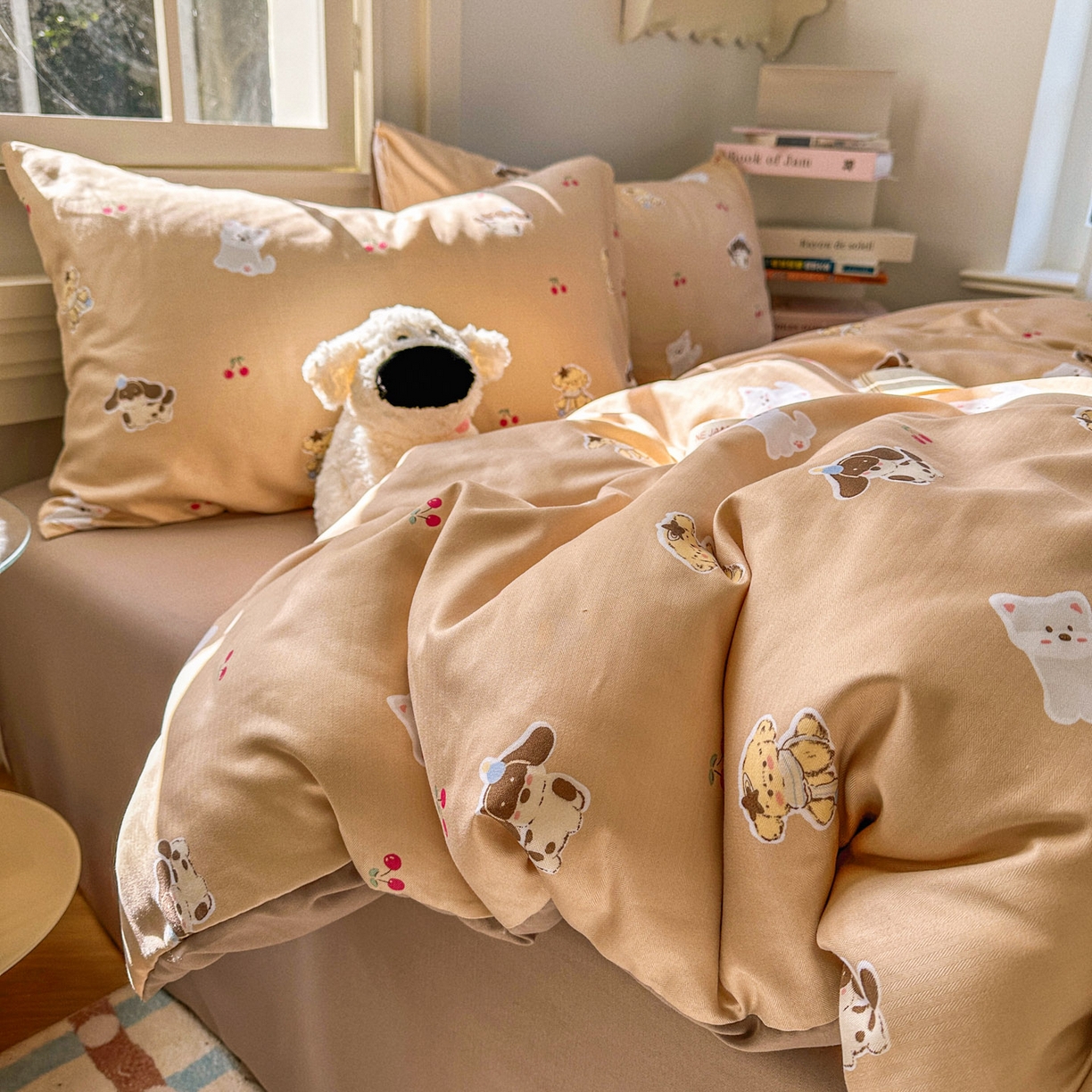 91家纺网 家纺一手货源 找家纺 水木坊 2026新款130克高克重人字纹提花四件套 樱桃小狗