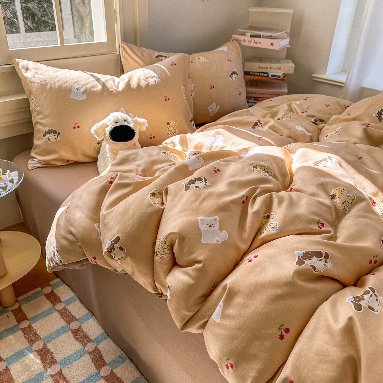 91家纺网 家纺一手货源 找家纺 水木坊 2026新款130克高克重人字纹提花四件套 樱桃小狗