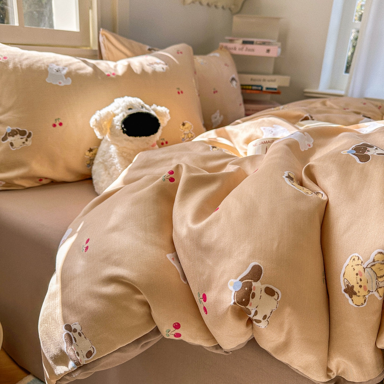 91家纺网 家纺一手货源 找家纺 水木坊 2026新款130克高克重人字纹提花四件套 樱桃小狗