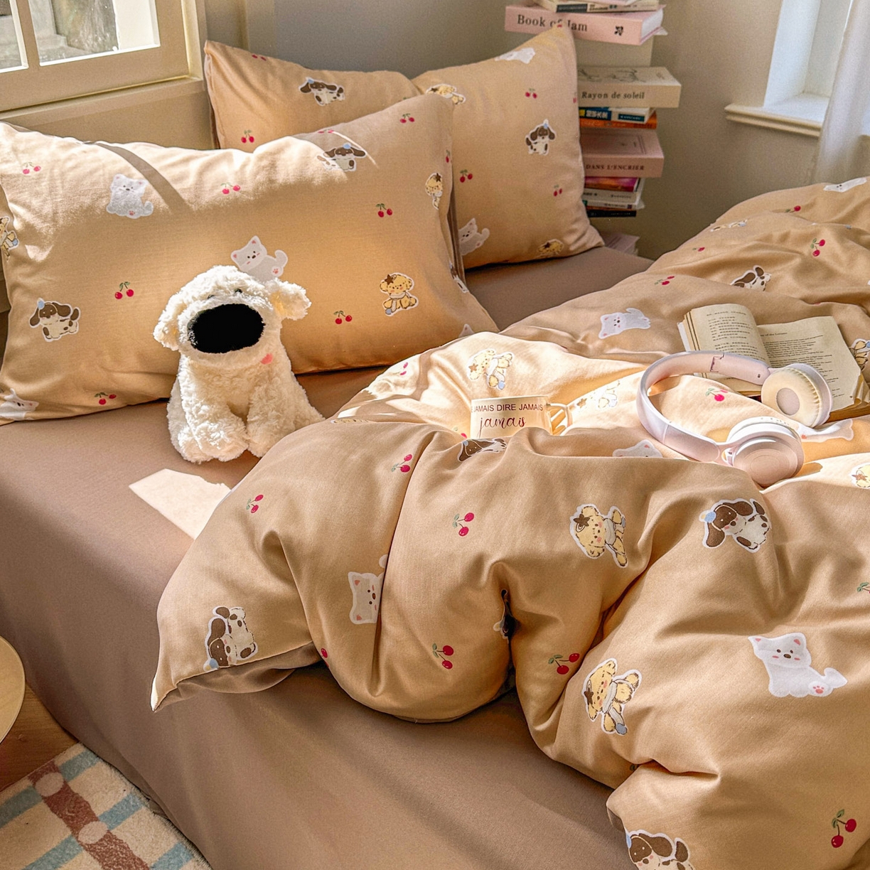 91家纺网 家纺一手货源 找家纺 水木坊 2026新款130克高克重人字纹提花四件套 樱桃小狗