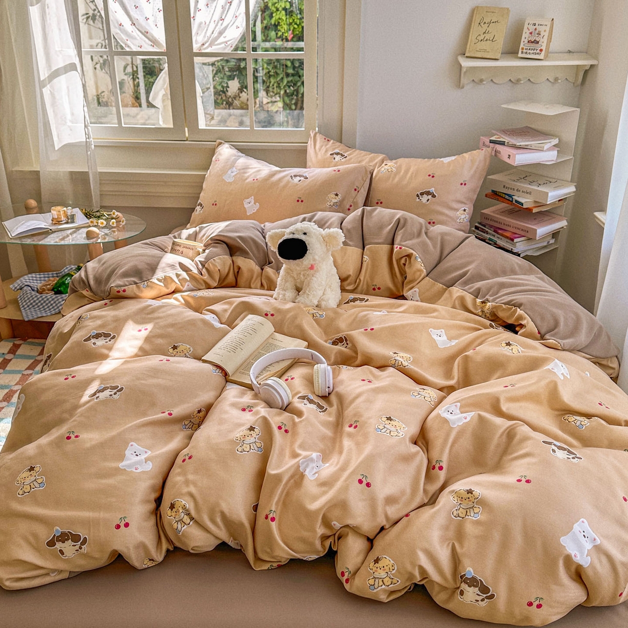 91家纺网 家纺一手货源 找家纺 水木坊 2026新款130克高克重人字纹提花四件套 樱桃小狗