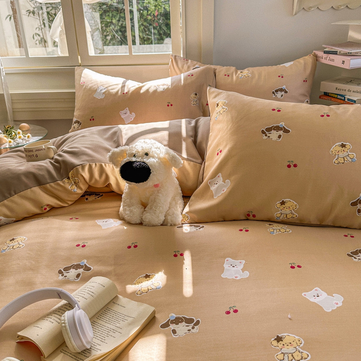 91家纺网 家纺一手货源 找家纺 水木坊 2026新款130克高克重人字纹提花四件套 樱桃小狗