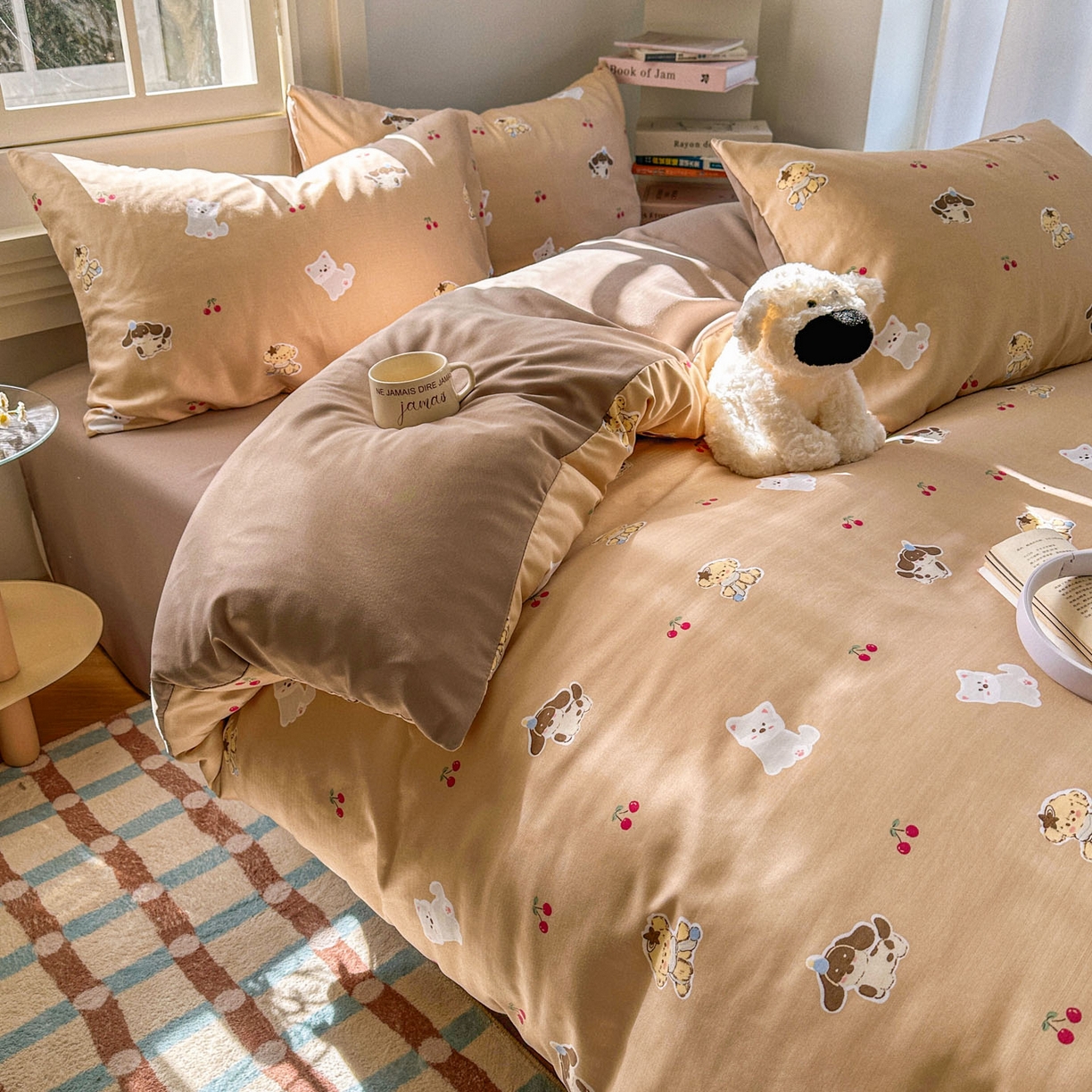 91家纺网 家纺一手货源 找家纺 水木坊 2026新款130克高克重人字纹提花四件套 樱桃小狗