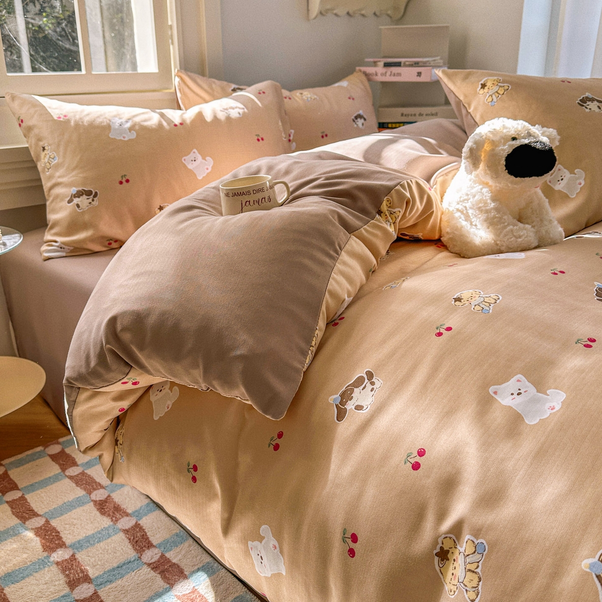 91家纺网 家纺一手货源 找家纺 水木坊 2026新款130克高克重人字纹提花四件套 樱桃小狗