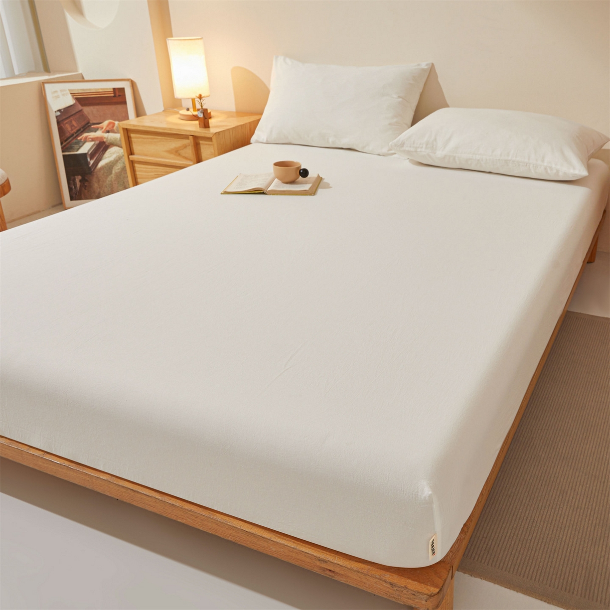 91家纺网 家纺一手货源 找家纺 女子家纺 2026新款全棉色织水洗纯色条格纯棉单层床笠床垫保护套 拾忆-白色