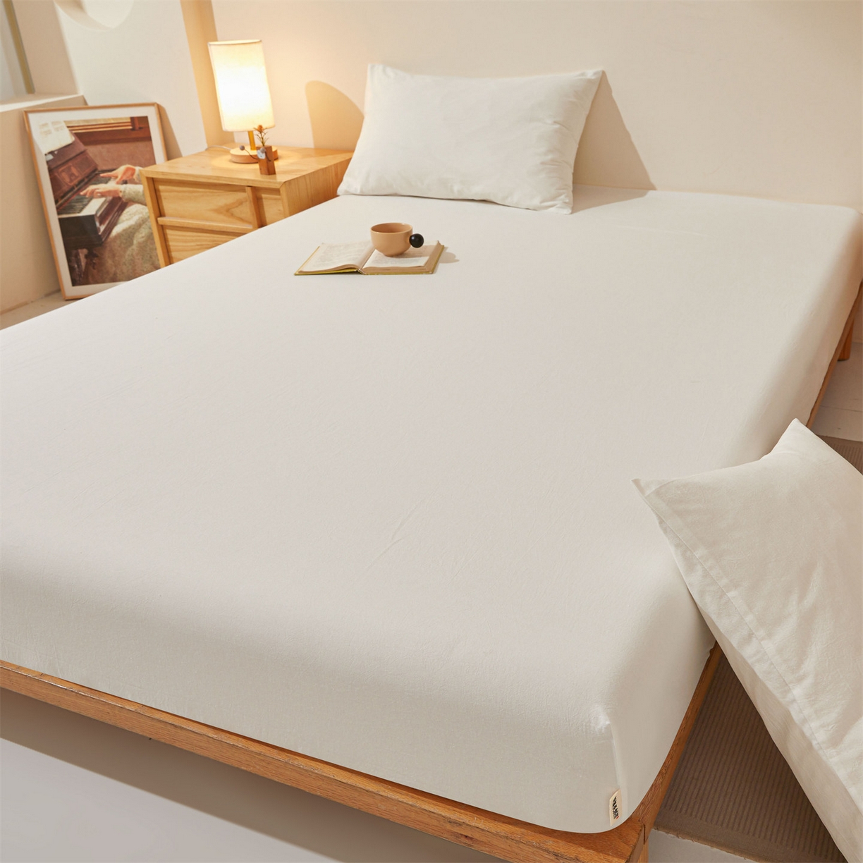 91家纺网 家纺一手货源 找家纺 女子家纺 2026新款全棉色织水洗纯色条格纯棉单层床笠床垫保护套 拾忆-白色