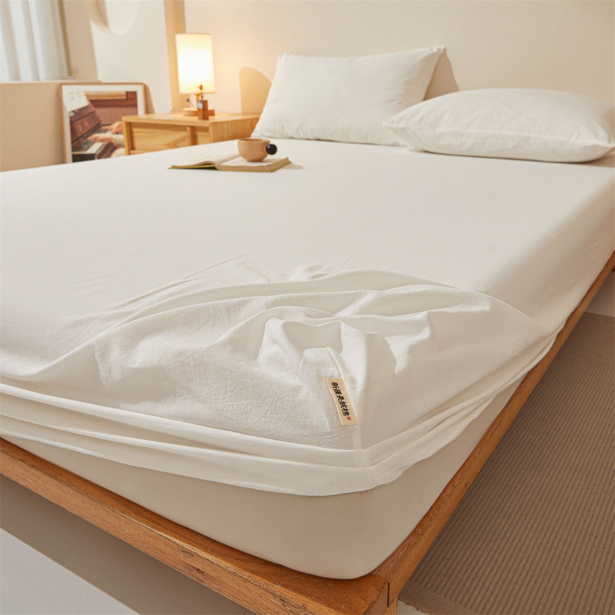 91家纺网 家纺一手货源 找家纺 女子家纺 2026新款全棉色织水洗纯色条格纯棉单层床笠床垫保护套 拾忆-白色