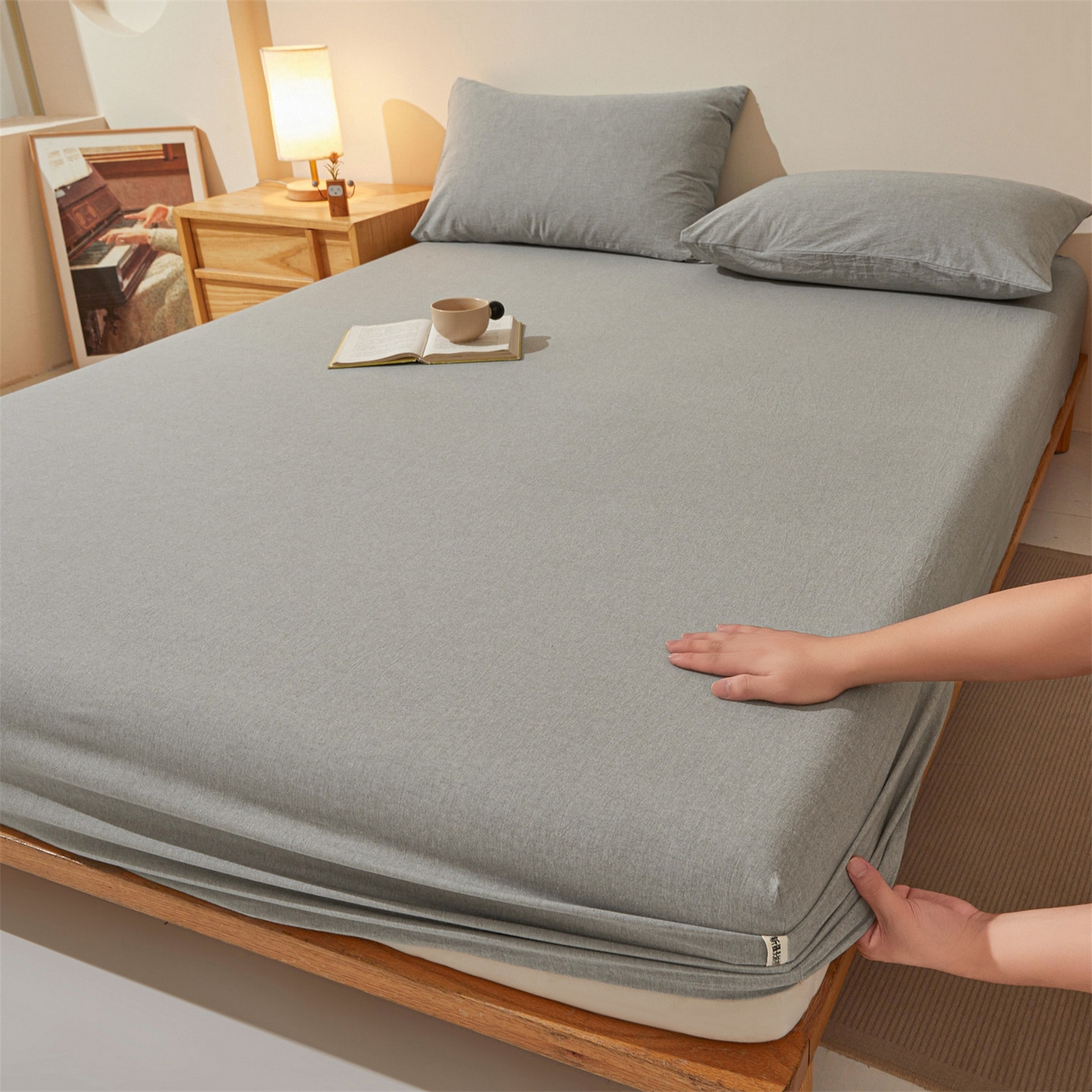 女子家纺 2026新款全棉色织水洗纯色条格纯棉单层床笠床垫保护套 拾忆-灰色