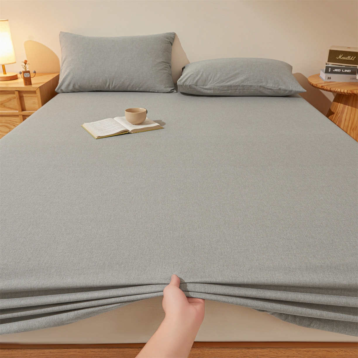91家纺网 家纺一手货源 找家纺 女子家纺 2026新款全棉色织水洗纯色条格纯棉单层床笠床垫保护套 拾忆-灰色