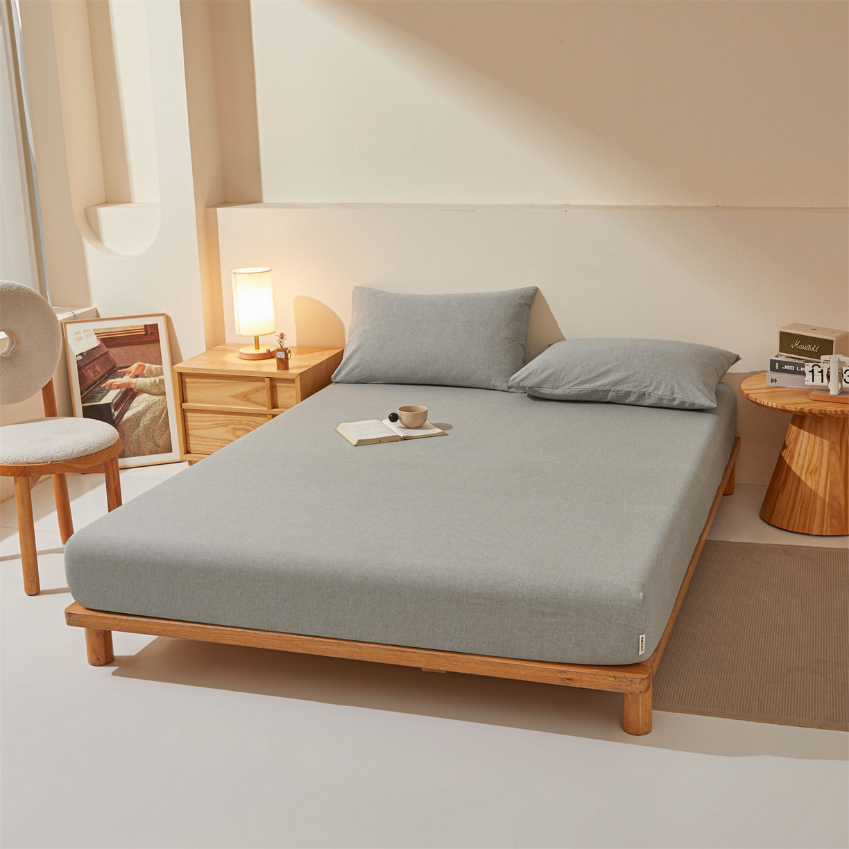 91家纺网 家纺一手货源 找家纺 女子家纺 2026新款全棉色织水洗纯色条格纯棉单层床笠床垫保护套 拾忆-灰色