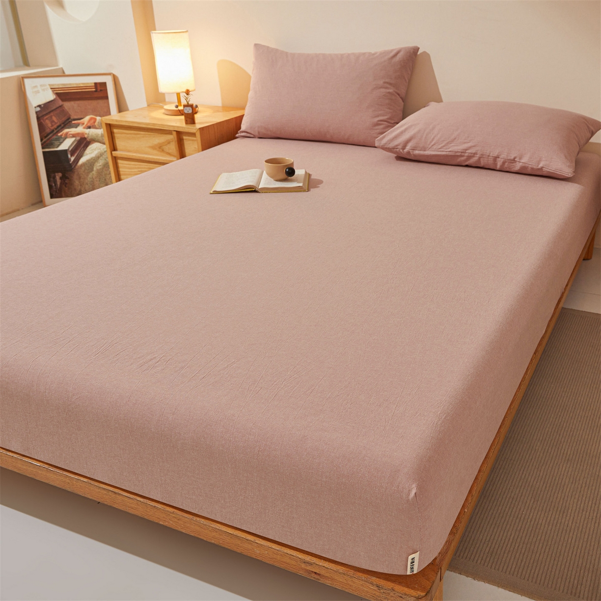 91家纺网 家纺一手货源 找家纺 女子家纺 2026新款全棉色织水洗纯色条格纯棉单层床笠床垫保护套 拾忆-梅粉