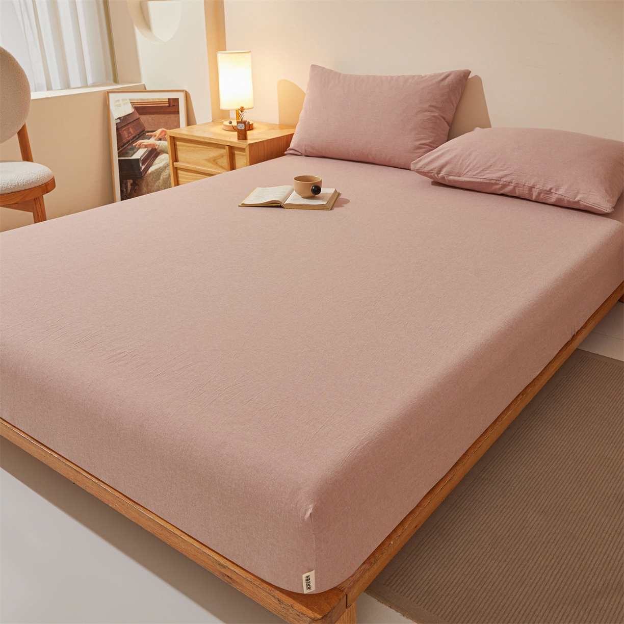 91家纺网 家纺一手货源 找家纺 女子家纺 2026新款全棉色织水洗纯色条格纯棉单层床笠床垫保护套 拾忆-梅粉