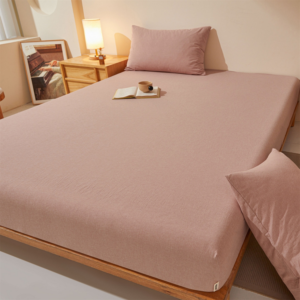 91家纺网 家纺一手货源 找家纺 女子家纺 2026新款全棉色织水洗纯色条格纯棉单层床笠床垫保护套 拾忆-梅粉