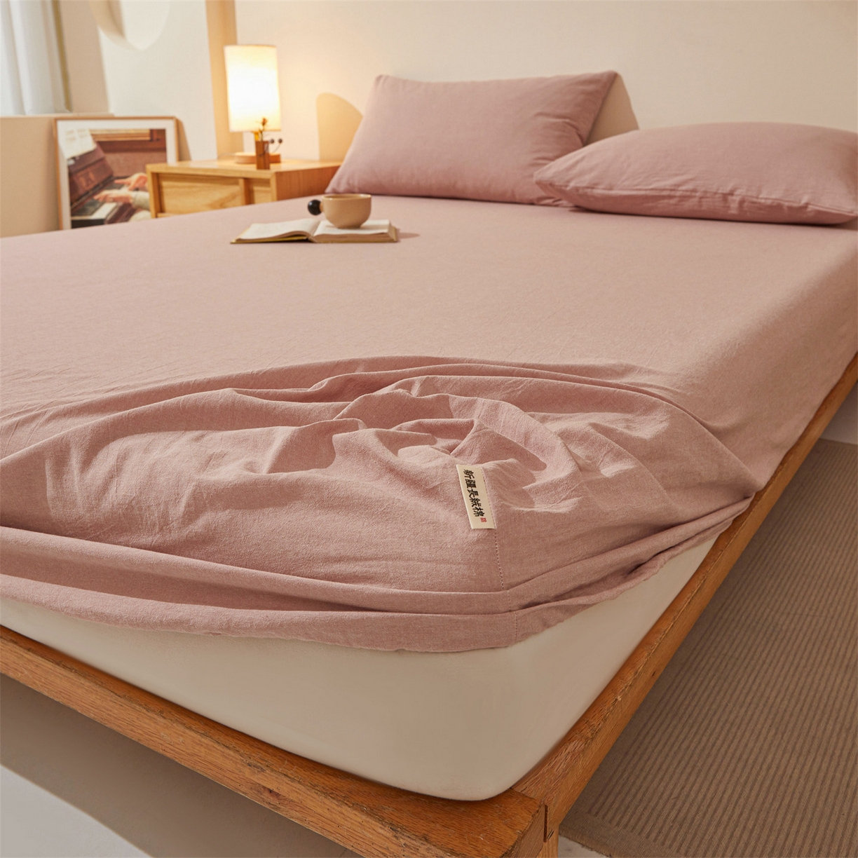 91家纺网 家纺一手货源 找家纺 女子家纺 2026新款全棉色织水洗纯色条格纯棉单层床笠床垫保护套 拾忆-梅粉