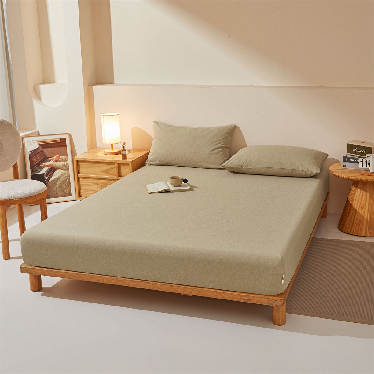 91家纺网 家纺一手货源 找家纺 女子家纺 2026新款全棉色织水洗纯色条格纯棉单层床笠床垫保护套 拾忆-浅咖