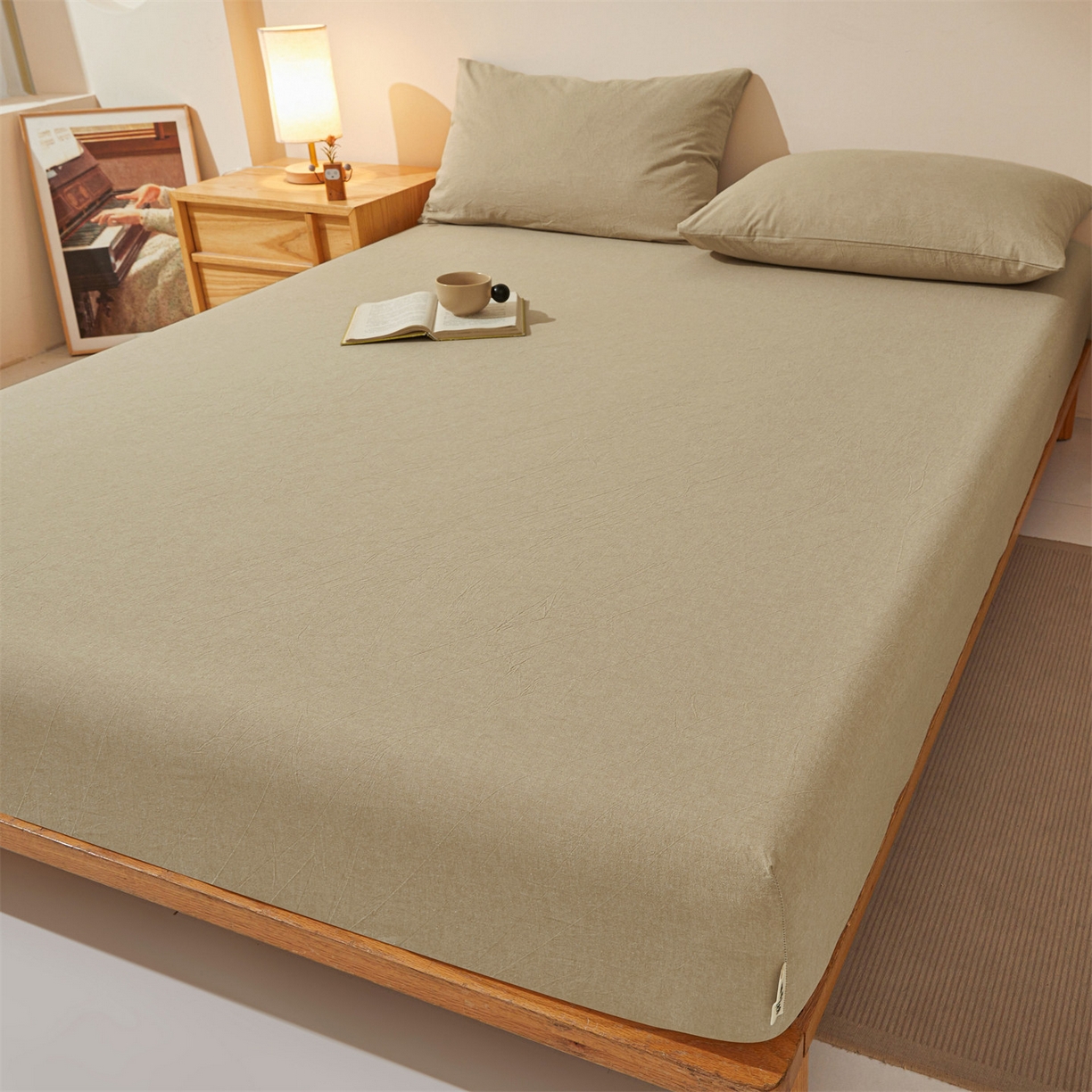 91家纺网 家纺一手货源 找家纺 女子家纺 2026新款全棉色织水洗纯色条格纯棉单层床笠床垫保护套 拾忆-浅咖