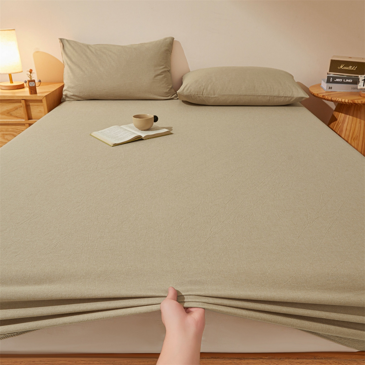 91家纺网 家纺一手货源 找家纺 女子家纺 2026新款全棉色织水洗纯色条格纯棉单层床笠床垫保护套 拾忆-浅咖