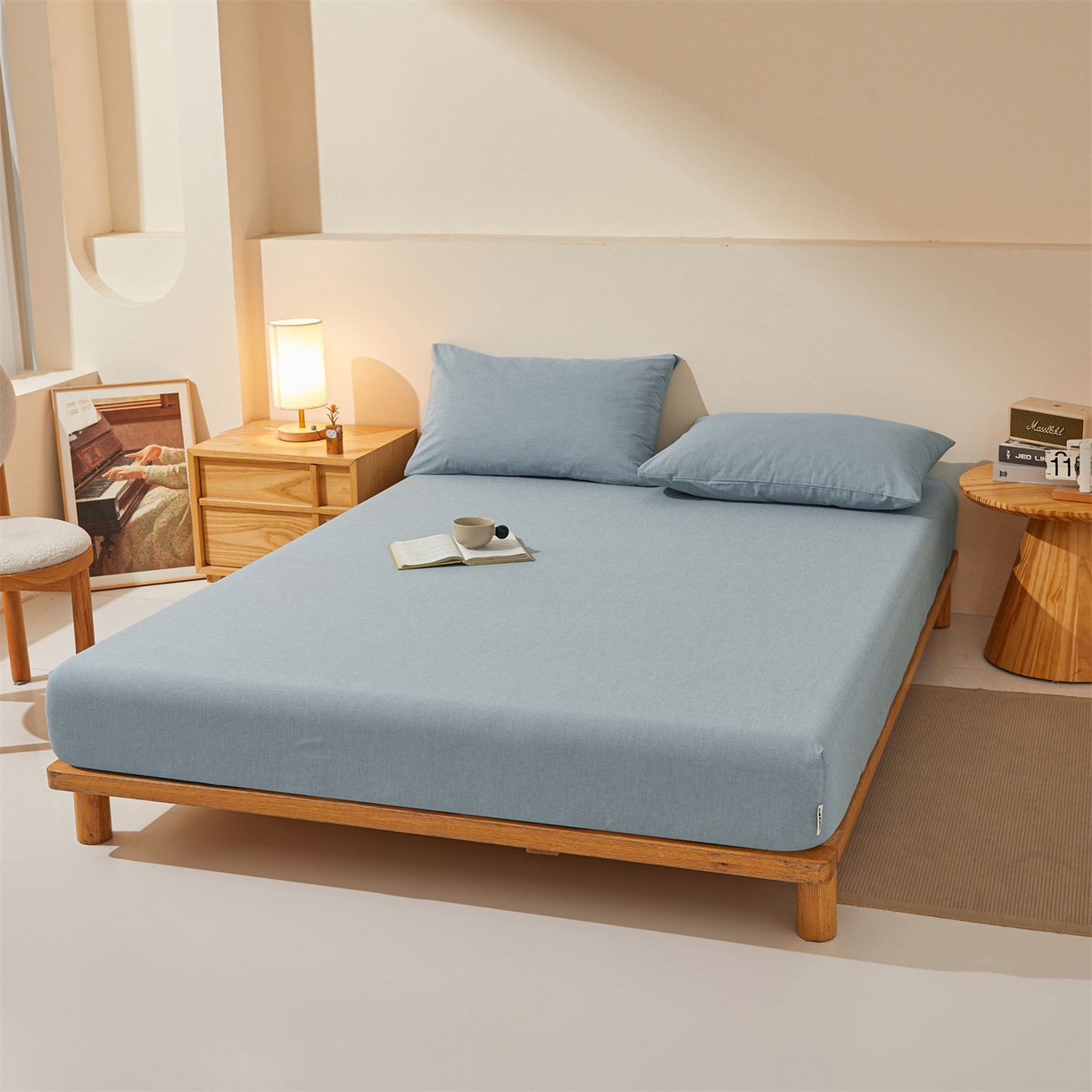 91家纺网 家纺一手货源 找家纺 女子家纺 2026新款全棉色织水洗纯色条格纯棉单层床笠床垫保护套 拾忆-浅蓝