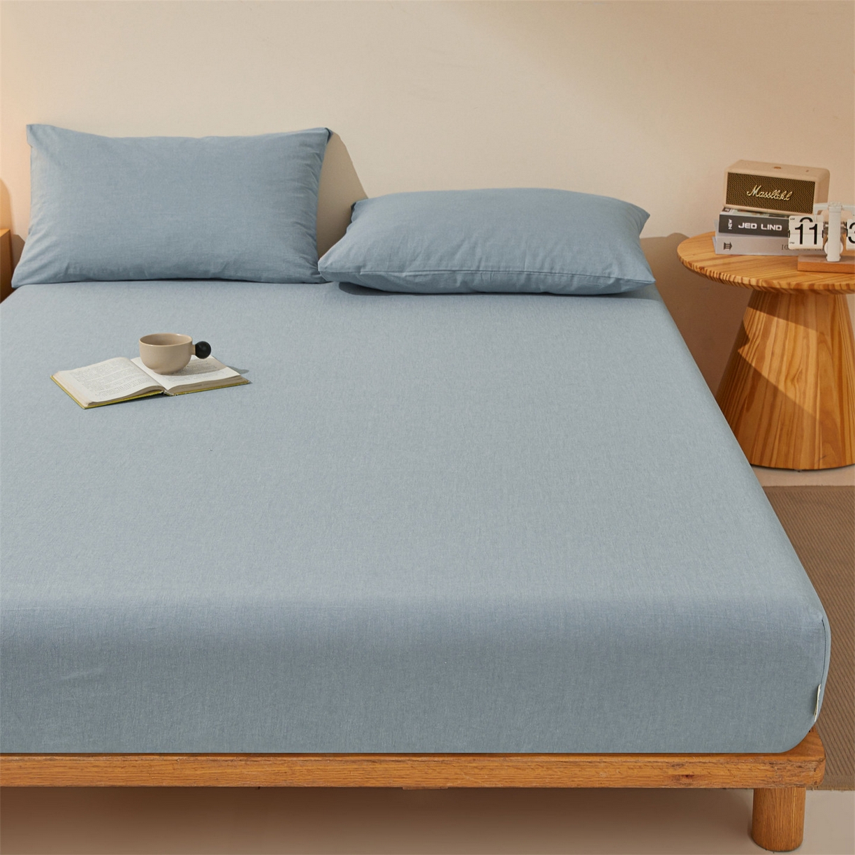 91家纺网 家纺一手货源 找家纺 女子家纺 2026新款全棉色织水洗纯色条格纯棉单层床笠床垫保护套 拾忆-浅蓝