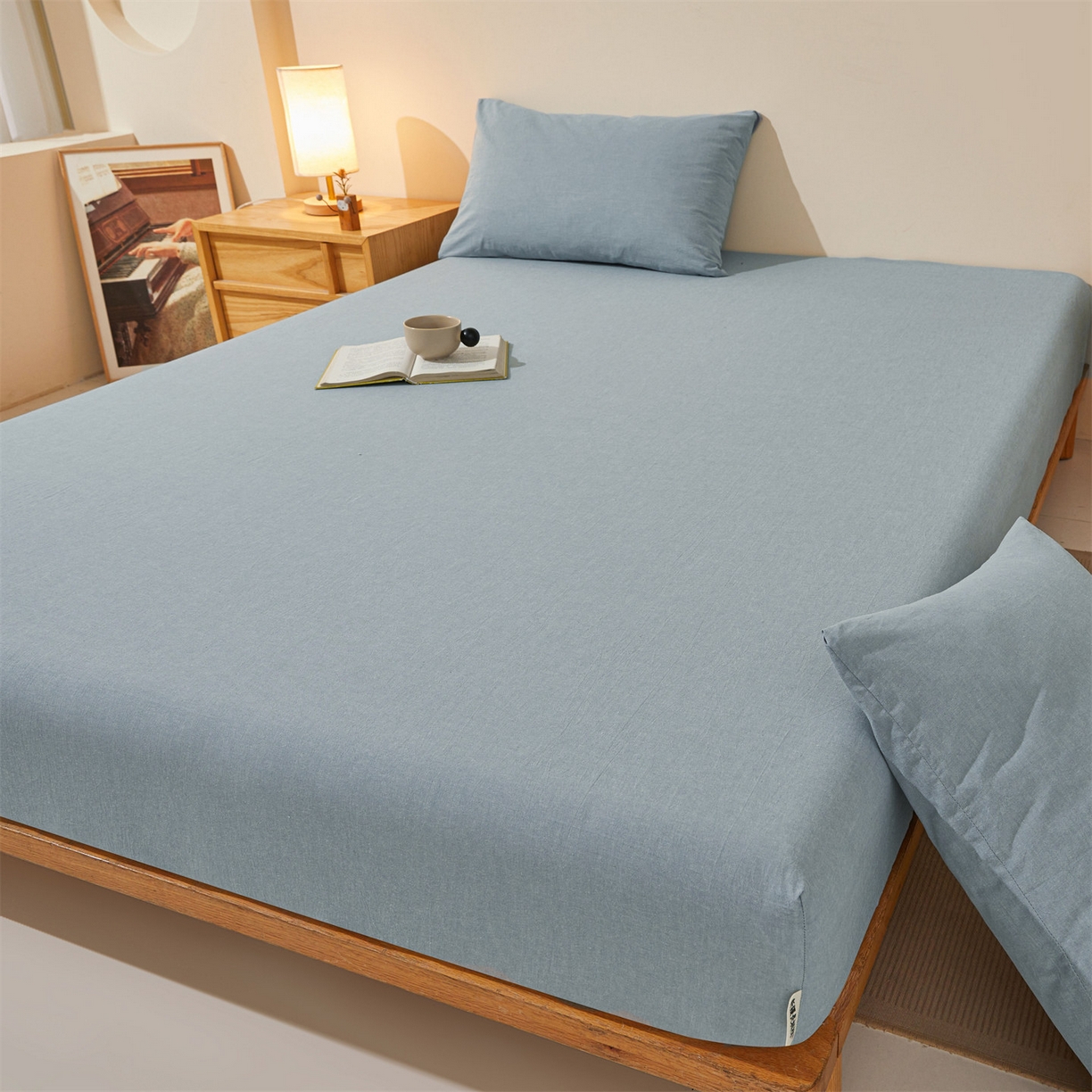 91家纺网 家纺一手货源 找家纺 女子家纺 2026新款全棉色织水洗纯色条格纯棉单层床笠床垫保护套 拾忆-浅蓝