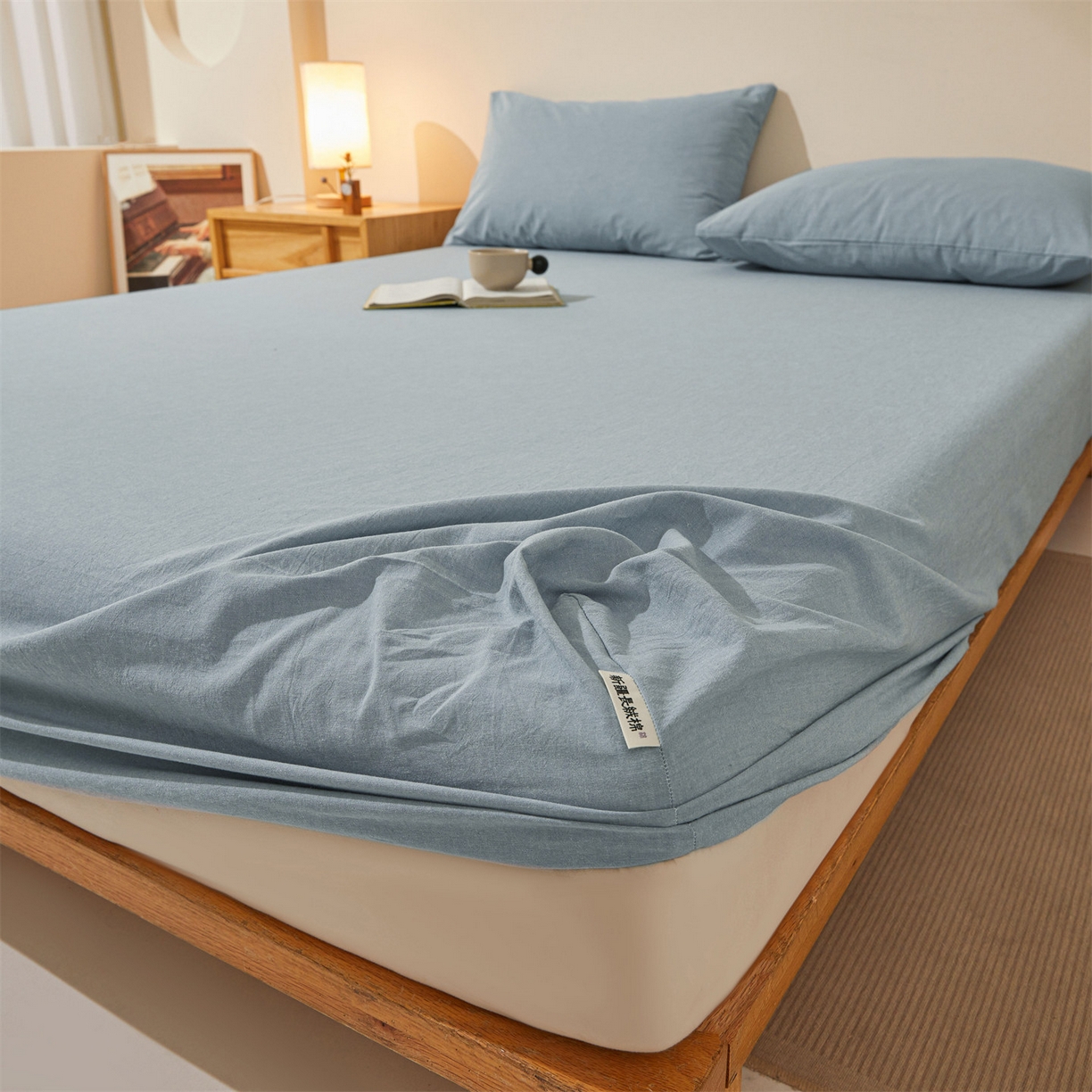 91家纺网 家纺一手货源 找家纺 女子家纺 2026新款全棉色织水洗纯色条格纯棉单层床笠床垫保护套 拾忆-浅蓝