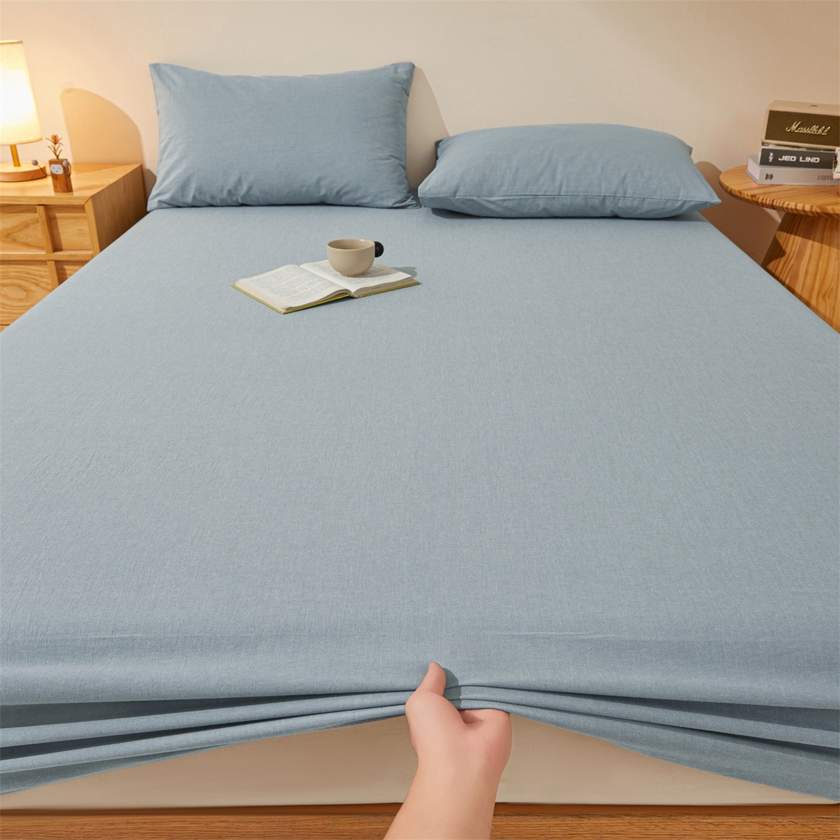 91家纺网 家纺一手货源 找家纺 女子家纺 2026新款全棉色织水洗纯色条格纯棉单层床笠床垫保护套 拾忆-浅蓝