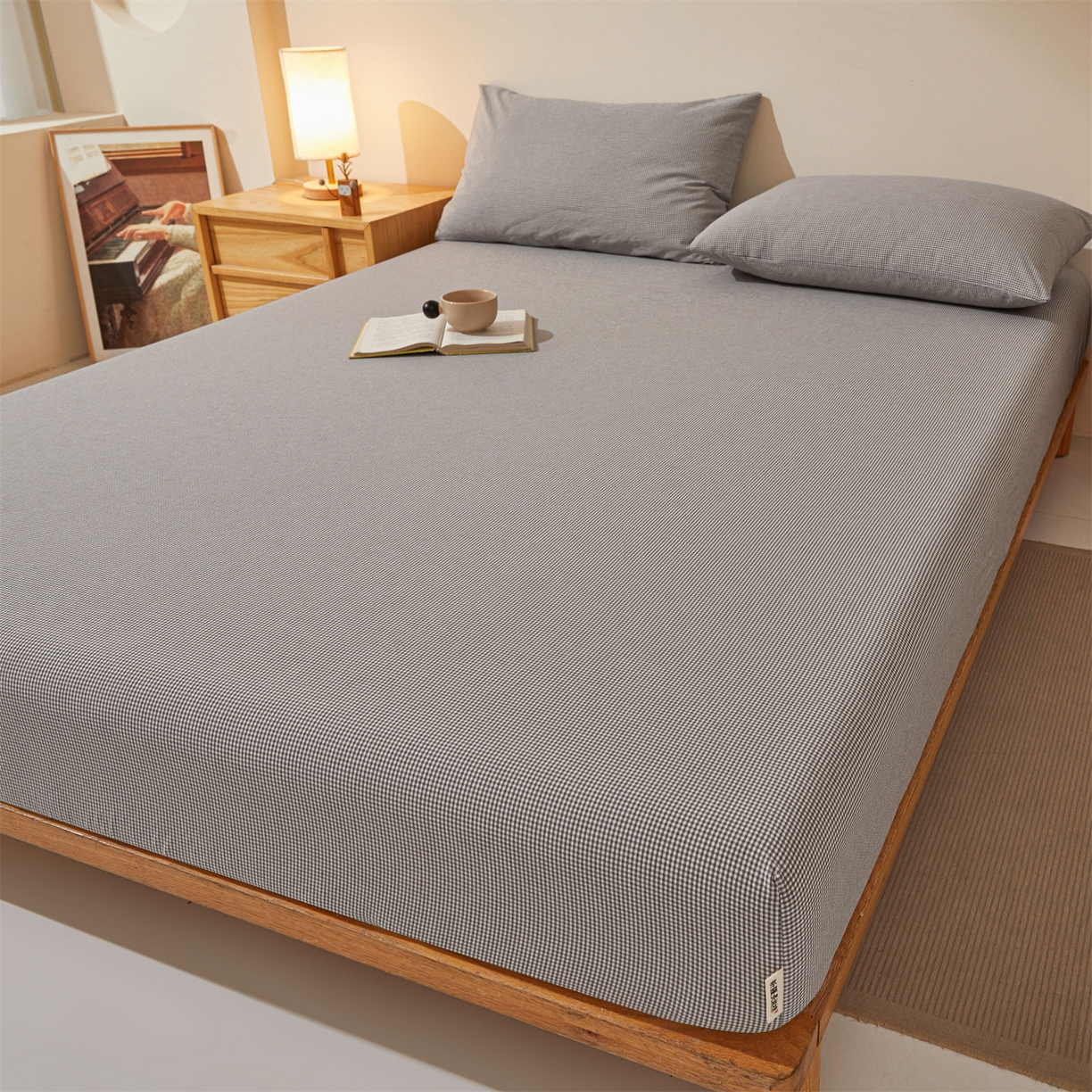 91家纺网 家纺一手货源 找家纺 女子家纺 2026新款全棉色织水洗纯色条格纯棉单层床笠床垫保护套 拾忆-条格黑