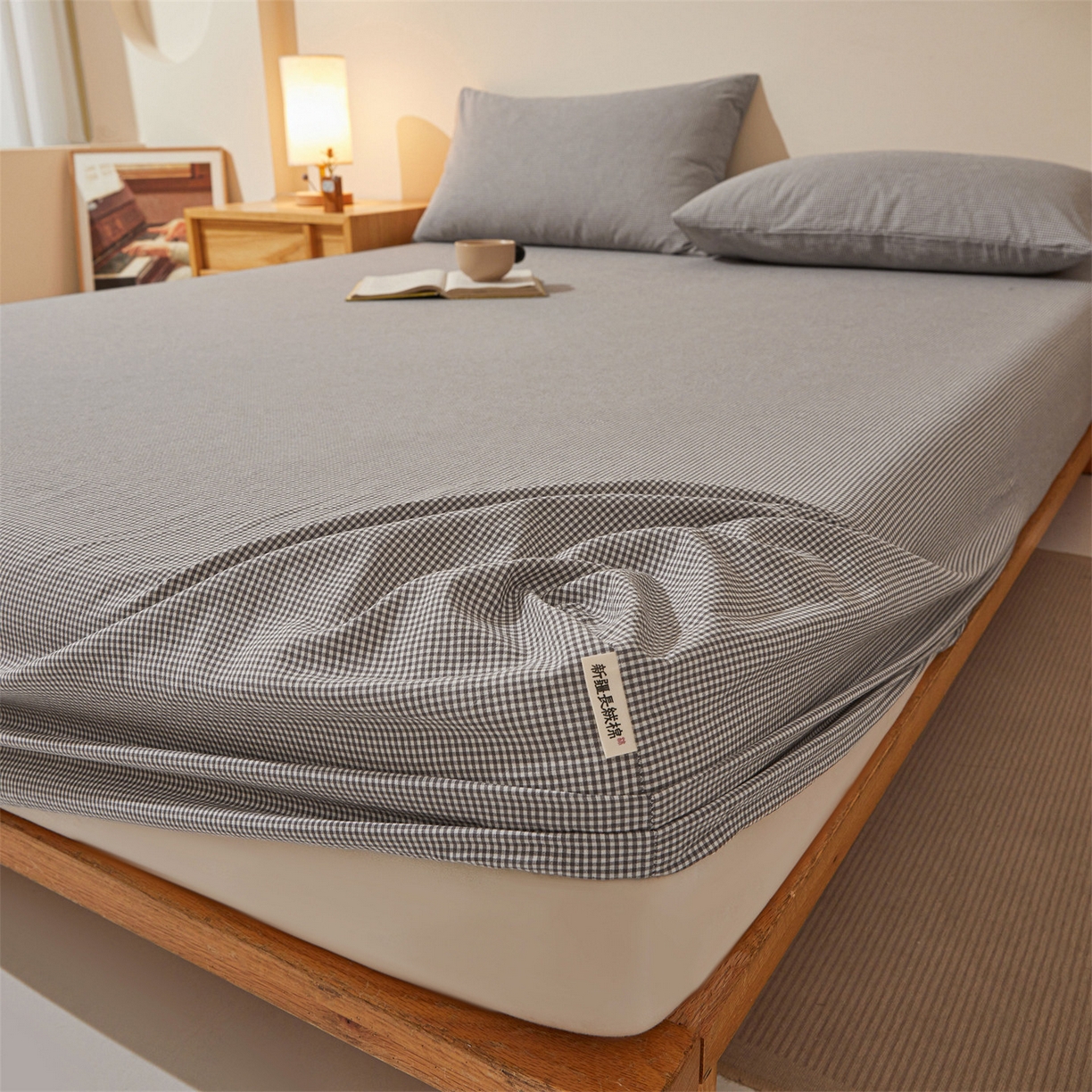 91家纺网 家纺一手货源 找家纺 女子家纺 2026新款全棉色织水洗纯色条格纯棉单层床笠床垫保护套 拾忆-条格黑