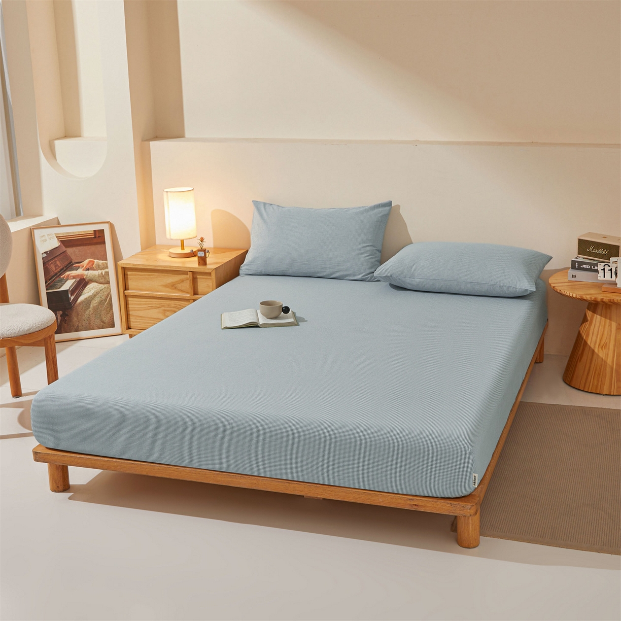 91家纺网 家纺一手货源 找家纺 女子家纺 2026新款全棉色织水洗纯色条格纯棉单层床笠床垫保护套 拾忆-条格蓝