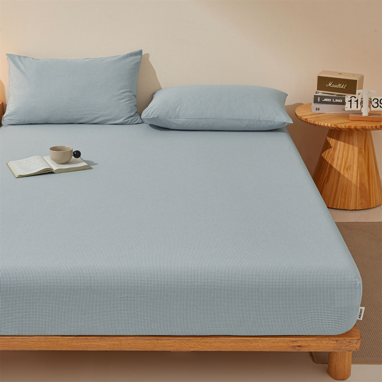 91家纺网 家纺一手货源 找家纺 女子家纺 2026新款全棉色织水洗纯色条格纯棉单层床笠床垫保护套 拾忆-条格蓝