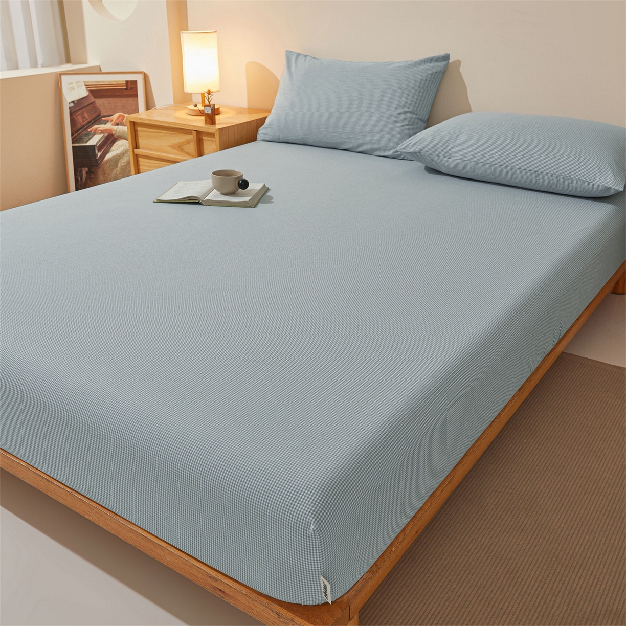 91家纺网 家纺一手货源 找家纺 女子家纺 2026新款全棉色织水洗纯色条格纯棉单层床笠床垫保护套 拾忆-条格蓝