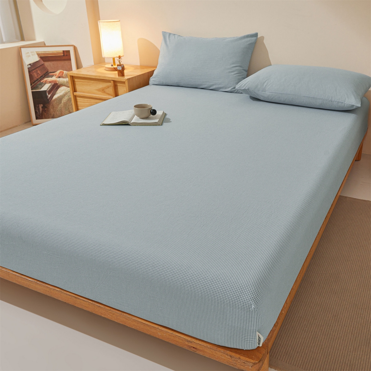 91家纺网 家纺一手货源 找家纺 女子家纺 2026新款全棉色织水洗纯色条格纯棉单层床笠床垫保护套 拾忆-条格蓝