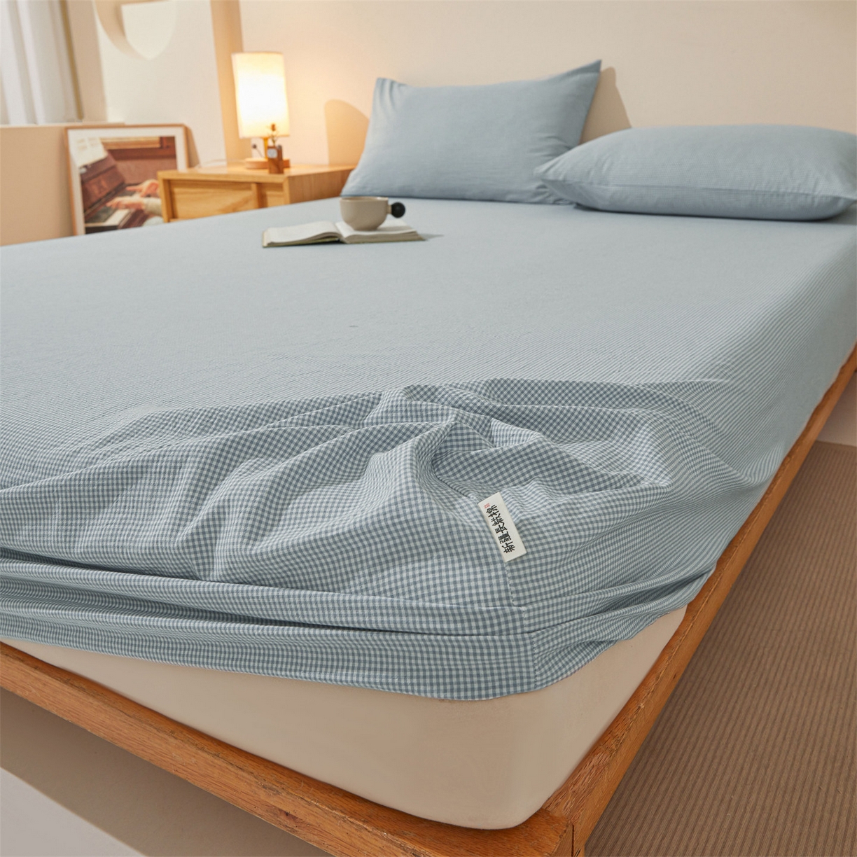 91家纺网 家纺一手货源 找家纺 女子家纺 2026新款全棉色织水洗纯色条格纯棉单层床笠床垫保护套 拾忆-条格蓝