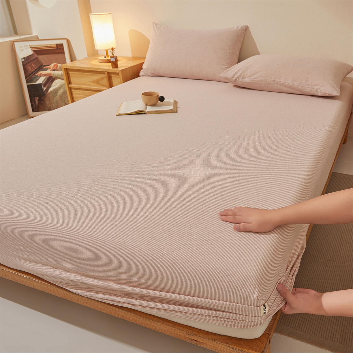 女子家纺 2026新款全棉色织水洗纯色条格纯棉单层床笠床垫保护套 拾忆-条纹粉