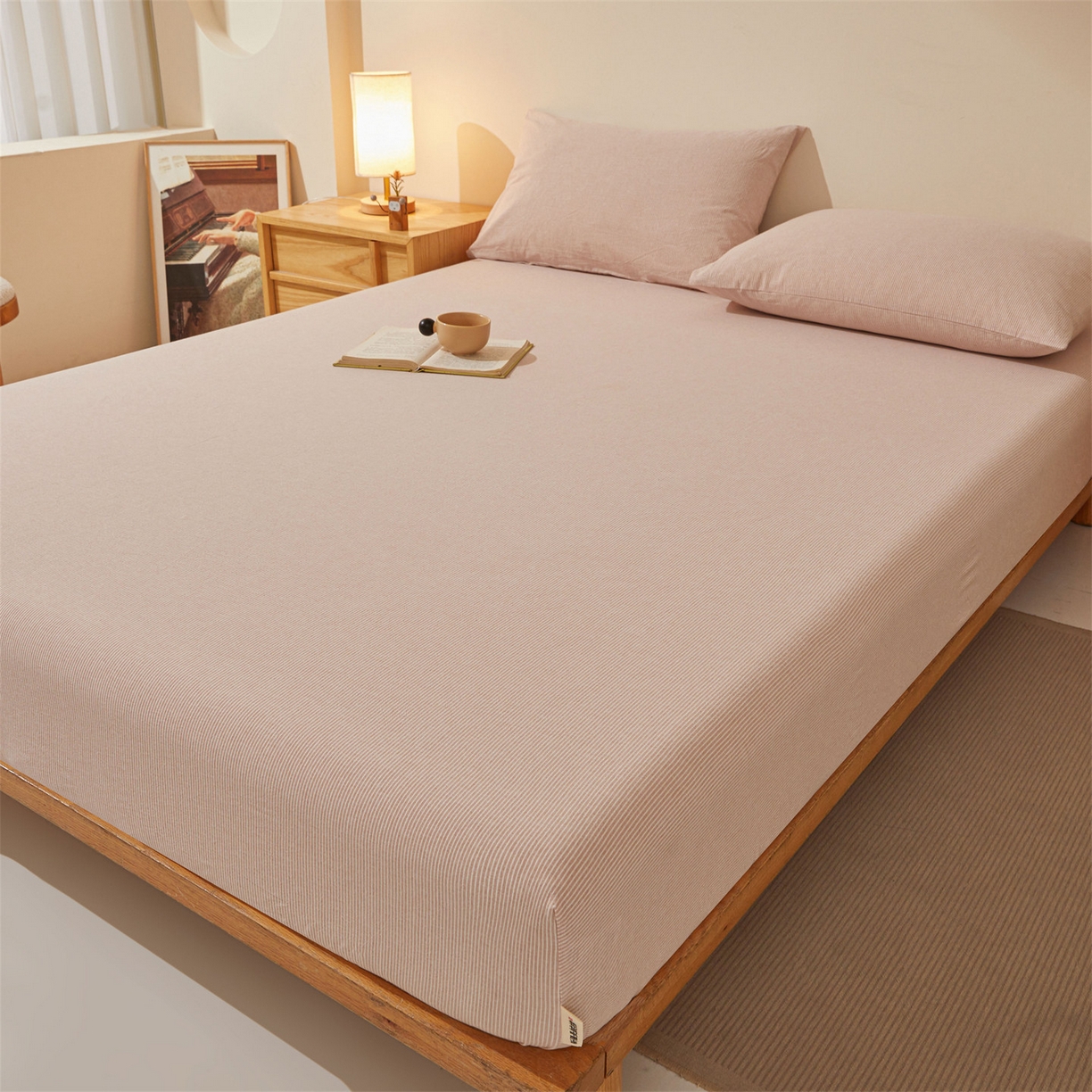 91家纺网 家纺一手货源 找家纺 女子家纺 2026新款全棉色织水洗纯色条格纯棉单层床笠床垫保护套 拾忆-条纹粉