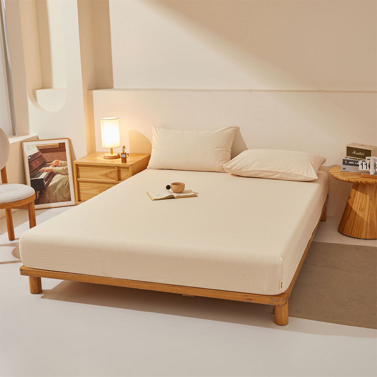 91家纺网 家纺一手货源 找家纺 女子家纺 2026新款全棉色织水洗纯色条格纯棉单层床笠床垫保护套 拾忆-条纹卡其