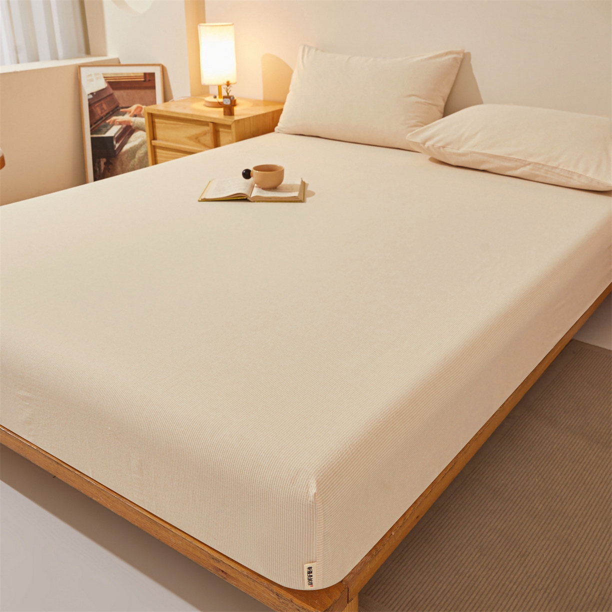 91家纺网 家纺一手货源 找家纺 女子家纺 2026新款全棉色织水洗纯色条格纯棉单层床笠床垫保护套 拾忆-条纹卡其