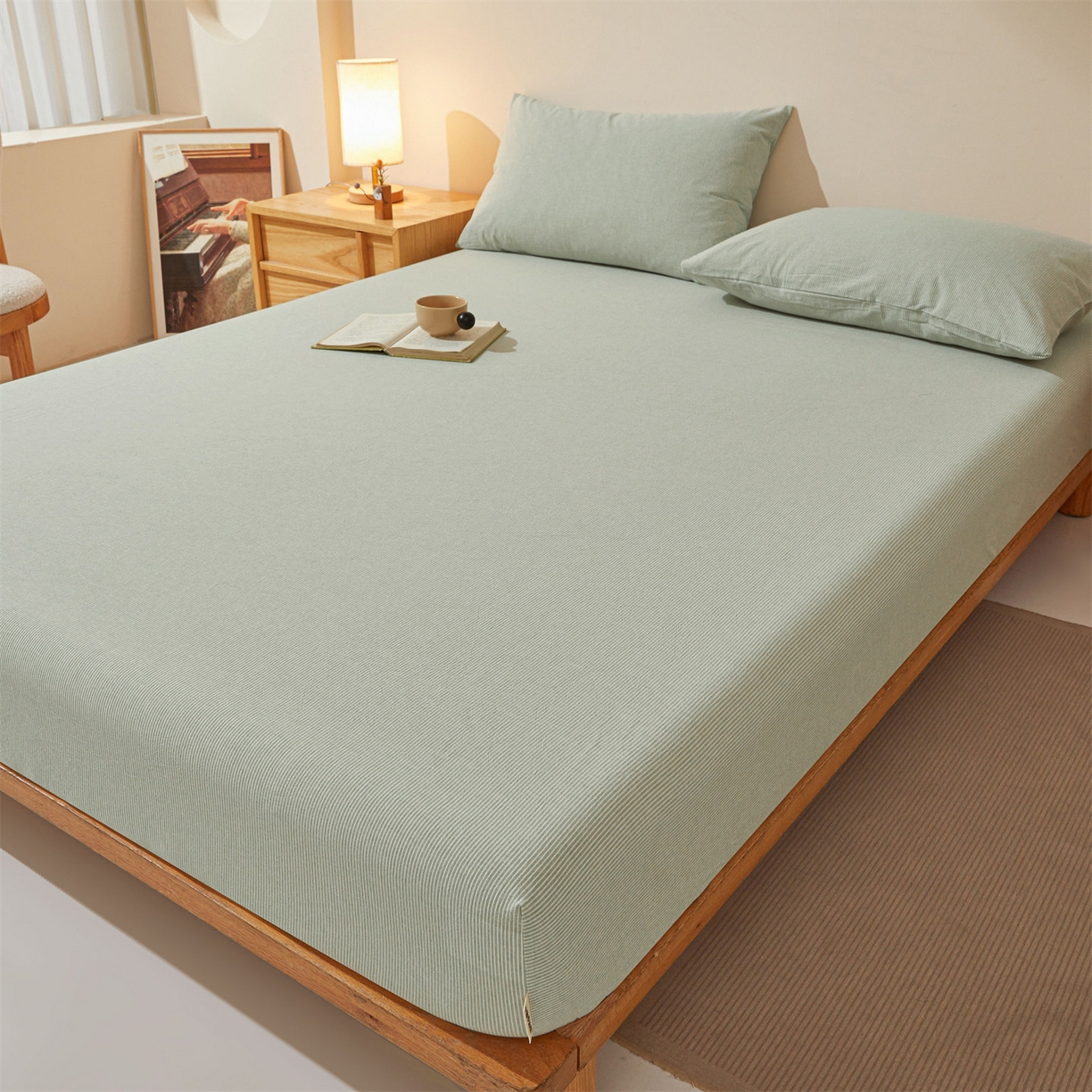 91家纺网 家纺一手货源 找家纺 女子家纺 2026新款全棉色织水洗纯色条格纯棉单层床笠床垫保护套 拾忆-条纹绿